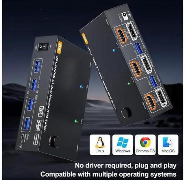 Alt view image 7 of 7 - SMA 2 Port HDMI + Displayport Dual Monitor KVM Switch, 8K@60Hz 4K@144Hz HDMI+DP USB 3.0 KVM Switch Extended Display 2 Monitors 2 Computers with 4 USB 3.0 Ports, USB Cables & Wired Controller included