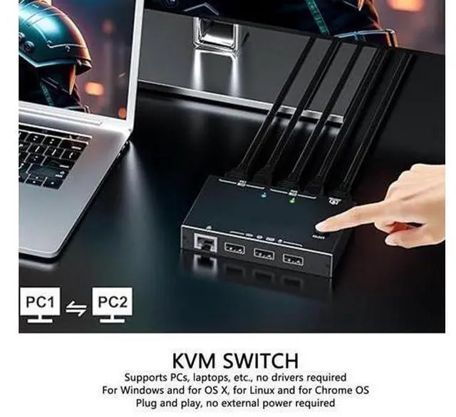 Alt view image 2 of 7 - HDMI KVM Switch 2 in 1 Out with Ethernet RJ45 Port, 2 Port 4K 60Hz HDMI KVM Switcher for 2 Computers Share 1 Monitor 3 USB Devices, for PCs, Laptops, for Windows MacOS X, Linux, Chrome OS giyqxHw