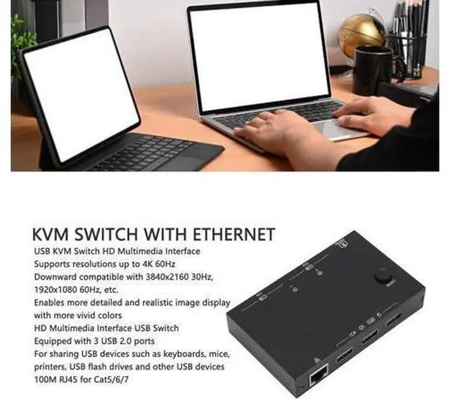 Alt view image 6 of 7 - HDMI KVM Switch 2 in 1 Out with Ethernet RJ45 Port, 2 Port 4K 60Hz HDMI KVM Switcher for 2 Computers Share 1 Monitor 3 USB Devices, for PCs, Laptops, for Windows MacOS X, Linux, Chrome OS giyqxHw