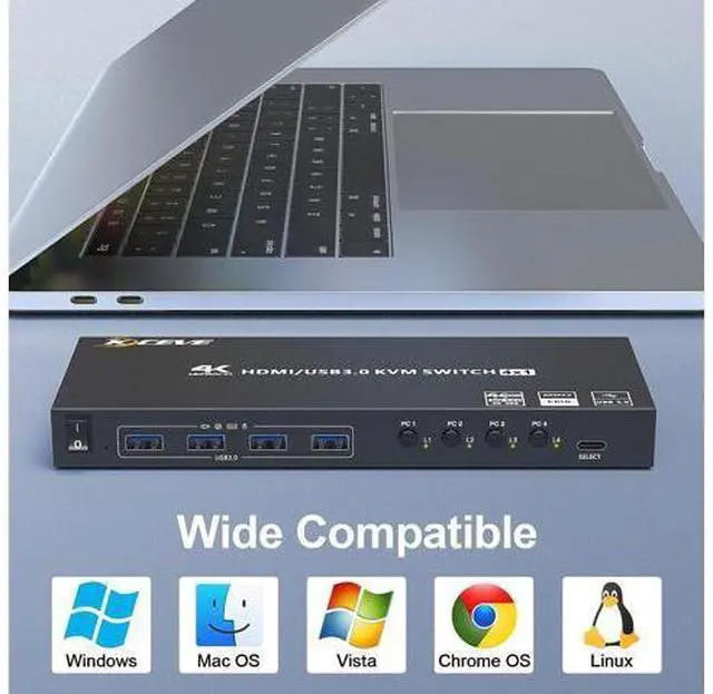 Alt view image 7 of 7 - 4 Port USB 3.0 HDMI KVM Switch Support 4K@60Hz 2K@120Hz RGB 4:4:4 Simulation EDID, HDMI Switch 4 in 1 Out with 4 USB 3.0 Port for Keyboard Mouse Printer,with Controller, USB3.0 Cables and HD-MI Cables