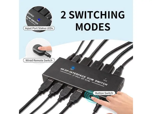 Alt view image 5 of 7 - DisplayPort KVM Switch 2 Port 4K@60Hz 2 in 1 Out DP 1.2 and USB Switch for 2 Computers Share 1 Keyboard Mouse Monitor for Laptop, PC Supports with 4 USB 2.0 Ports, 2 USB KVM Cables 1.5m(5ft)
