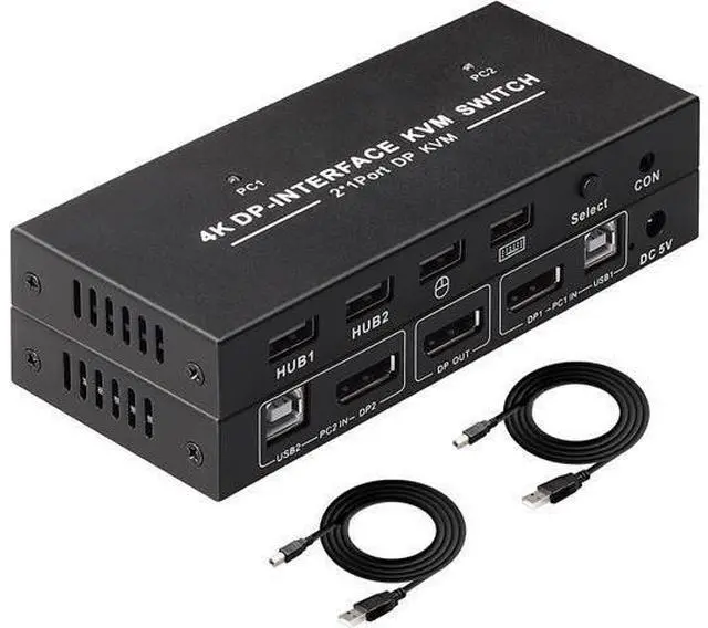 Main image of DisplayPort KVM Switch 2 Port 4K@60Hz 2 in 1 Out DP 1.2 and USB Switch for 2 Computers Share 1 Keyboard Mouse Monitor for Laptop, PC Supports with 4 USB 2.0 Ports, 2 USB KVM Cables 1.5m(5ft)