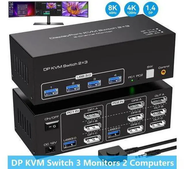 Main image of SMA 8K 60Hz Displayport KVM Switch 3 Monitors 2 Computers 4K@144Hz, USB 3.0 KVM Switches DP 1.4 Triple Monitor Switch for 2 Computers with 4 USB3.0 Ports Support Extended & Copy Mode, Wired Controller
