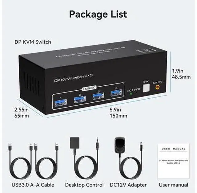 Alt view image 7 of 7 - SMA 8K 60Hz Displayport KVM Switch 3 Monitors 2 Computers 4K@144Hz, USB 3.0 KVM Switches DP 1.4 Triple Monitor Switch for 2 Computers with 4 USB3.0 Ports Support Extended & Copy Mode, Wired Controller