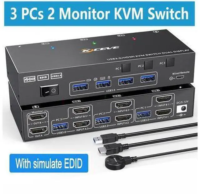 Main image of USB 3.0 HDMI KVM Switch 4K@60Hz, Dual Monitor HDMI KVM Switcher With EDID Emulator, Support Copy and Extended Display, for 3 PCs Share 2 Displays and 4 USB 3.0 Ports, Wired Remote and Cables Included