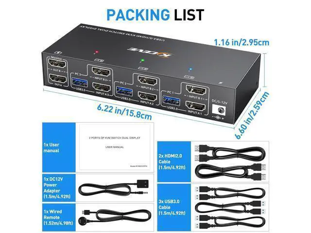 Alt view image 7 of 7 - USB 3.0 HDMI KVM Switch 4K@60Hz, Dual Monitor HDMI KVM Switcher With EDID Emulator, Support Copy and Extended Display, for 3 PCs Share 2 Displays and 4 USB 3.0 Ports, Wired Remote and Cables Included