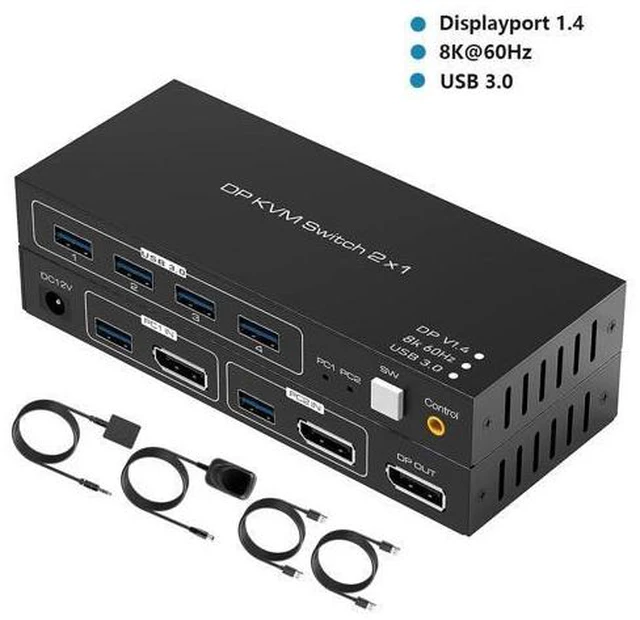 Main image of KVM Switch Display Port, 8K @60Hz 2 Port DisplayPort KVM Switch with 4 USB 3.0 Port, 2 Computers Share 1 Monitors DP 1.4 PC Keyboard Mouse Switcher with USB Cable, Desktop Controller and Power Adapter