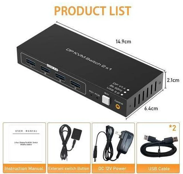Alt view image 7 of 7 - KVM Switch Display Port, 8K @60Hz 2 Port DisplayPort KVM Switch with 4 USB 3.0 Port, 2 Computers Share 1 Monitors DP 1.4 PC Keyboard Mouse Switcher with USB Cable, Desktop Controller and Power Adapter