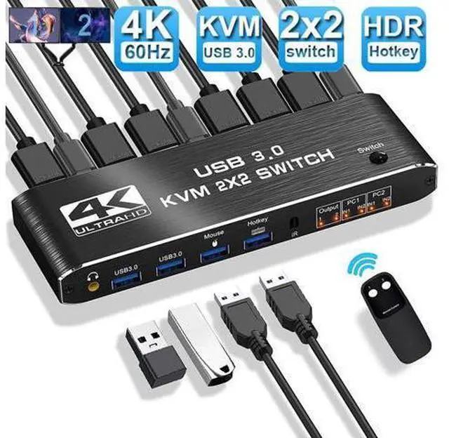 Main image of 2 Port HDMI KVM Switch 2 Monitors 2 Computers 4K @60Hz, Dual Monitor HDMI KVM Switch, USB 3.0 KVM Switch 2 in 2 Out with USB Cables, Support USB 3.0, HDCP2.2, Hotkey,Extended And Mirror Display