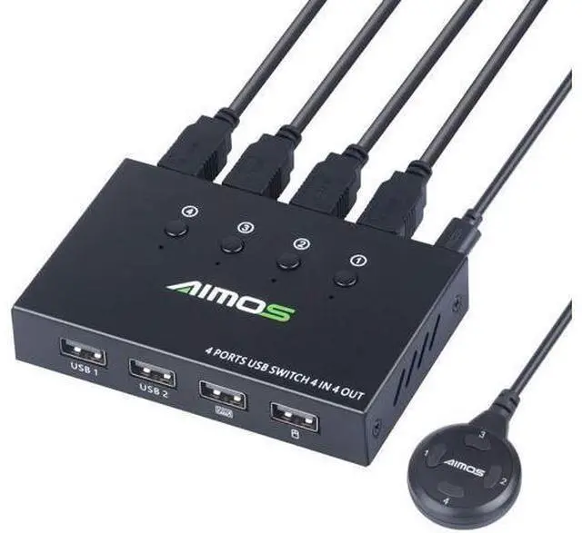 Main image of USB Switch Selector 4 Port, USB KVM Switcher 4 Computers Sharing 4 USB Devices One-Button Swapping, for Share Mouse, Keyboard, Printer, Scanner, with 4 USB Cables
