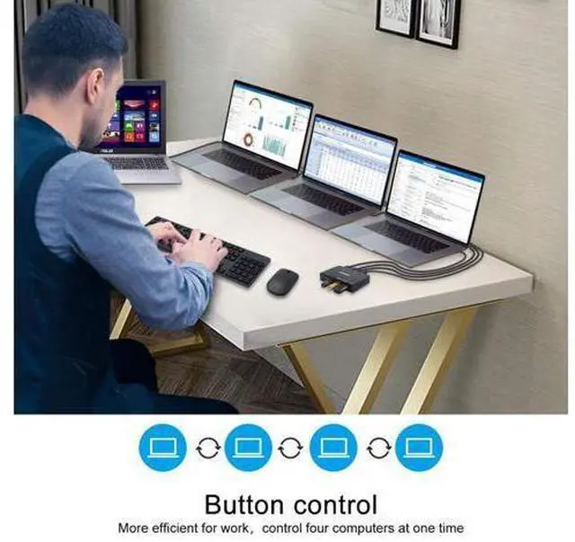 Alt view image 2 of 7 - USB Switch Selector 4 Port, USB KVM Switcher 4 Computers Sharing 4 USB Devices One-Button Swapping, for Share Mouse, Keyboard, Printer, Scanner, with 4 USB Cables