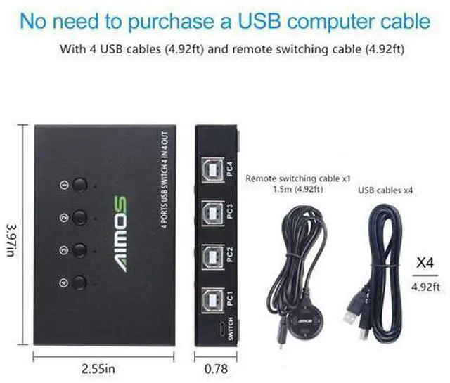 Alt view image 4 of 7 - USB Switch Selector 4 Port, USB KVM Switcher 4 Computers Sharing 4 USB Devices One-Button Swapping, for Share Mouse, Keyboard, Printer, Scanner, with 4 USB Cables