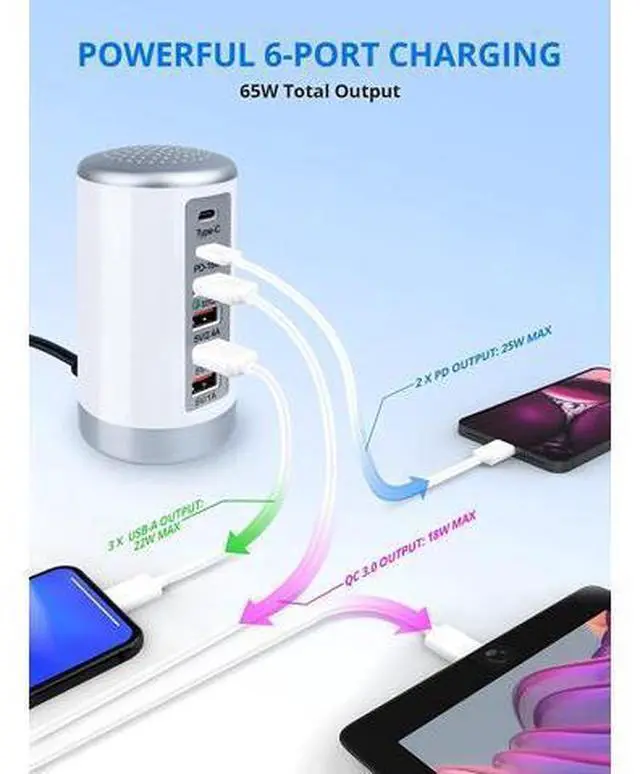 Alt view image 3 of 7 - USB C Charging Station with 6 Ports, 65W PD & QC Multiport USB Desktop Charger Fast Charging Hub for iPhone 13/13pro Max 12/12 Mini/12Pro/12 Pro Max/11/11 Pro iPad AirPod,Tablets, Smartphones