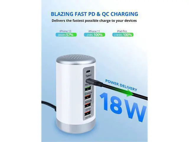 Alt view image 2 of 7 - USB C Charging Station with 6 Ports, 65W PD & QC Multiport USB Desktop Charger Fast Charging Hub for iPhone 13/13pro Max 12/12 Mini/12Pro/12 Pro Max/11/11 Pro iPad AirPod,Tablets, Smartphones
