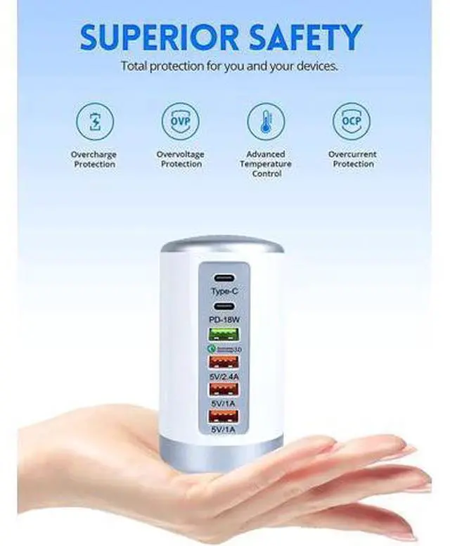 Alt view image 5 of 7 - USB C Charging Station with 6 Ports, 65W PD & QC Multiport USB Desktop Charger Fast Charging Hub for iPhone 13/13pro Max 12/12 Mini/12Pro/12 Pro Max/11/11 Pro iPad AirPod,Tablets, Smartphones