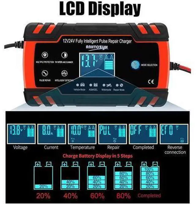 Alt view image 3 of 7 - Car Battery Charger 8-Amp, 12V/24V Smart Automatic Car Battery Charger with 6 Charging Mode and LCD Screen, Intelligent Charges, Repairs, Maintains Car Motorcycle Boat Mower Battery giyqxHw