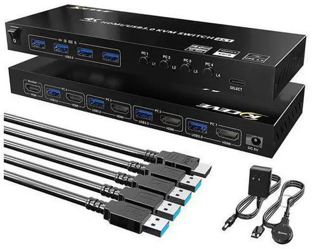 Main image of USB 3.0 HDMI KVM Switch 4 Port Support 4K @60Hz RGB 4:4:4, USB Hub HDR EDID HDMI USB Switch 4 in 1 Out and 4 USB 3.0 Port for Keyboard Mouse Printer, with Controller, USB 3.0 Cables and HDMI-Cable