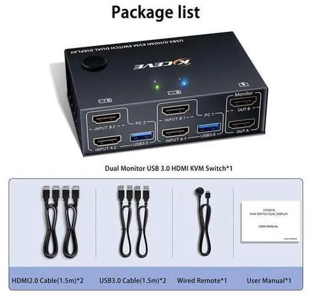 Alt view image 7 of 7 - 2 Port 4K @60Hz Dual Monitor HDMI KVM Switch with USB 3.0 Port Simulation EDID, USB HDMI Extended Display Switcher for 2 Computers Share 2 Monitors and 4 USB 3.0 Devices, with Wired Controller&Cables