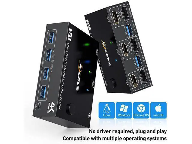 Alt view image 6 of 7 - DisplayPort + HDMI Dual Monitor KVM Switch 4K @60Hz, 2K @120Hz USB 3.0 HDMI DP Extended Display Switcher for 2 Computers Share 2 Monitors and 4 USB 3.0 Ports,Wired Remote and 4 Cables Included