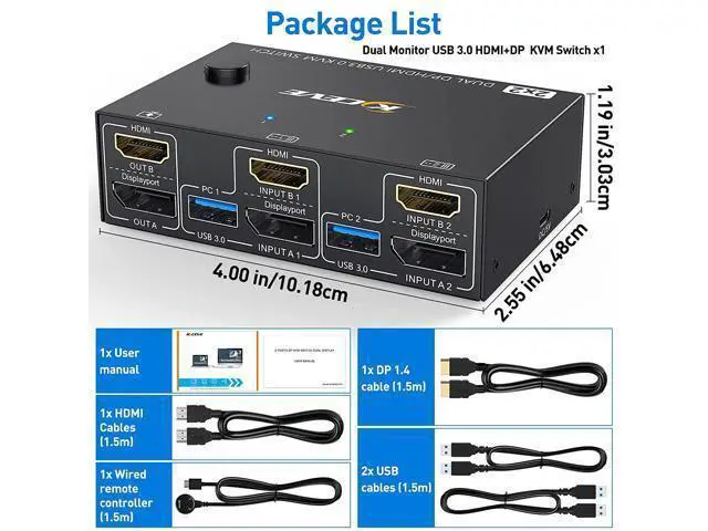 Alt view image 7 of 7 - DisplayPort + HDMI Dual Monitor KVM Switch 4K @60Hz, 2K @120Hz USB 3.0 HDMI DP Extended Display Switcher for 2 Computers Share 2 Monitors and 4 USB 3.0 Ports,Wired Remote and 4 Cables Included
