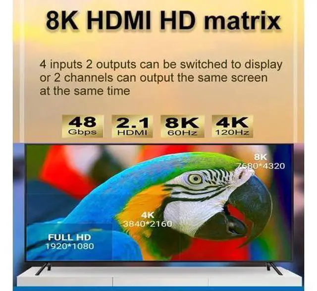 Alt view image 2 of 7 - HDMI Matrix 4 in 2 Out 8K @60Hz,8K 4x2 HDMI 2.1 True Matrix Switcher Conmutador Switch 4K @120Hz HDR HDCP 2.3 HDMI Splitter 4 In 2 Out HDMI Switcher Box for PS4 TV Box PC To HDTV
