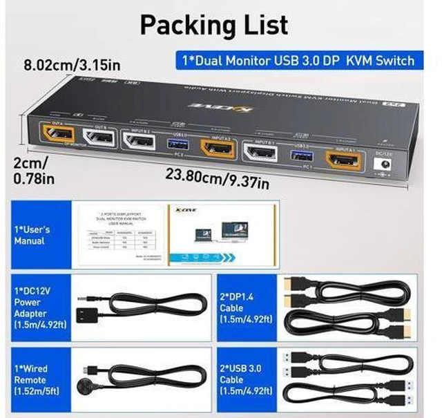 Alt view image 7 of 7 - Displayport KVM Switch, 2x2 Dual Monitor Displayport KVM Switch for 2 Computers 8K@30Hz/4K@144Hz Extend Display Support KVM Mode and USB Mode with Voice Control and Remote Control Include KVM Cables