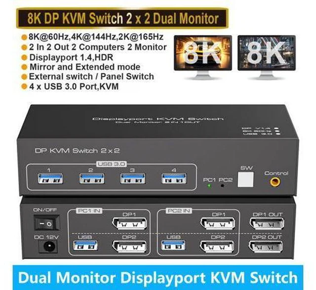 Main image of AUTYUE 2 Port DisplayPort Dual Monitor KVM Switch 8K@60Hz 4K@120Hz, USB 3.0 DP1.4 KVM Switcher 2 in 2 Out for 2 Computers 2 Monitors with 4 Ports USB 3.0 Support Copy and Extended Display giyqxHw