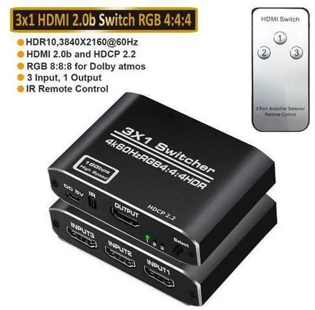 Main image of 4K@60Hz HDMI Switch,AUBEAMTO 4K HDMI Switcher 3 Port, 3X1HDMI Auto Switch 3X1 Selector with IR Remote for Xbox,PS5,PS4,UHD TV, Support 4K@60Hz, HDR, 2k,1080P @ 60Hz, 3D, HDCP 1.4 and Dolby-True HD/DTS