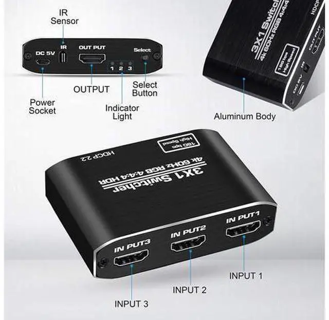 Alt view image 2 of 7 - 4K@60Hz HDMI Switch,AUBEAMTO 4K HDMI Switcher 3 Port, 3X1HDMI Auto Switch 3X1 Selector with IR Remote for Xbox,PS5,PS4,UHD TV, Support 4K@60Hz, HDR, 2k,1080P @ 60Hz, 3D, HDCP 1.4 and Dolby-True HD/DTS
