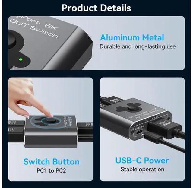Alt view image 5 of 7 - Displayport Switch 2 in 1 Out, 8K@60Hz 4K@144Hz Display Port Switch, Displayport Switcher, DP 1.4 Switcher, 2 in 1 Out DP Switch Compatible with TVs Monitors Laptops PCs Projectors etc