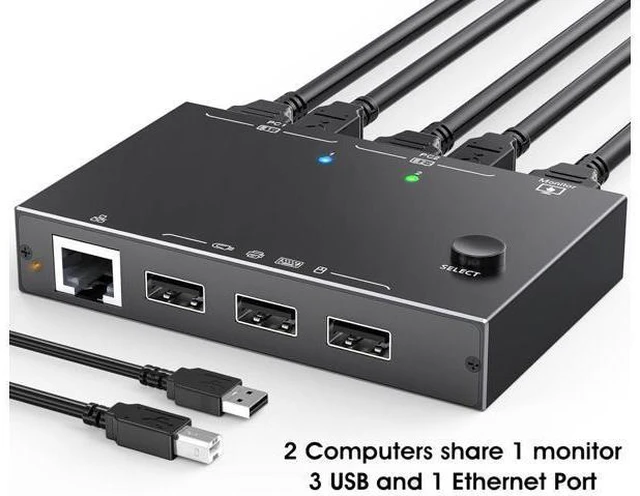 Main image of USB HDMI KVM Switch with Ethernet, HDMI KVM Switch 2 Port 4K@60Hz,KVM Switches for 2 Computers Share 1 Monitor and 3 USB Devices Keyboard Mouse, 100Mbps Ethernet Network KVM Switcher