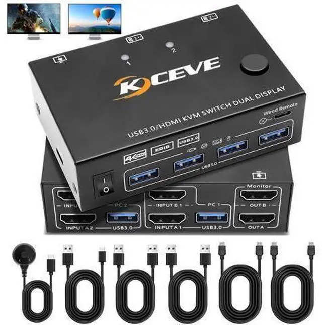 Main image of Dual Monitor HDMI KVM Switch 4K@60Hz Simulation EDID, 2 Port HDMI USB 3.0 KVM Switch for 2 Monitors 2 Computers,Support Copy and Extended Display, with HDMI and USB 3.0 Cables & Wired Controller