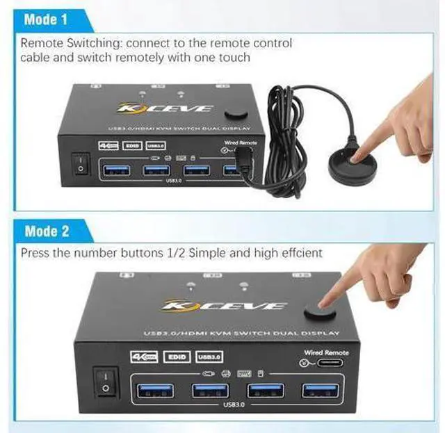 Alt view image 4 of 7 - Dual Monitor HDMI KVM Switch 4K@60Hz Simulation EDID, 2 Port HDMI USB 3.0 KVM Switch for 2 Monitors 2 Computers,Support Copy and Extended Display, with HDMI and USB 3.0 Cables & Wired Controller