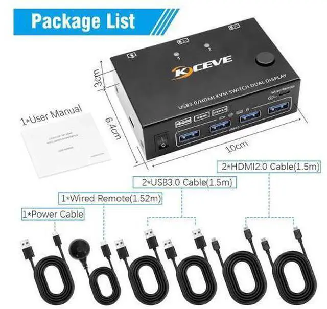 Alt view image 7 of 7 - Dual Monitor HDMI KVM Switch 4K@60Hz Simulation EDID, 2 Port HDMI USB 3.0 KVM Switch for 2 Monitors 2 Computers,Support Copy and Extended Display, with HDMI and USB 3.0 Cables & Wired Controller