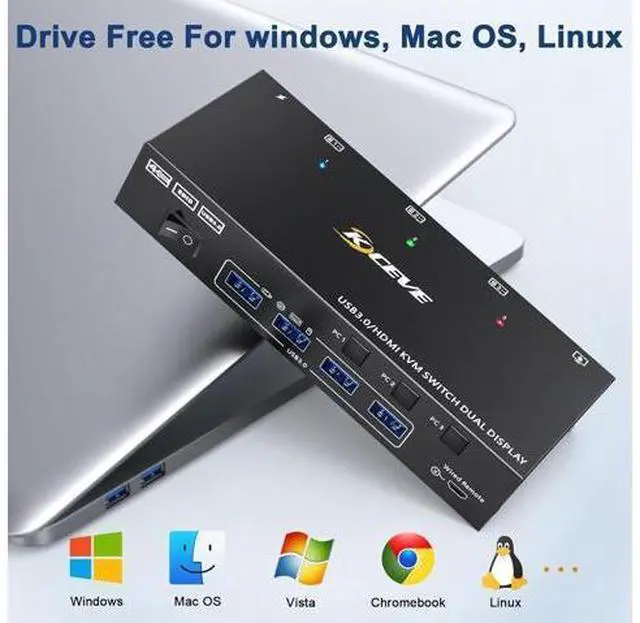 Alt view image 7 of 7 - Dual Monitor HDMI KVM Switch 3 in 2 Out, USB 3.0 HDMI KVM Switch 2 Monitors 3 Computers 4K@60Hz 2K@144Hz, EDID Emulator, Dual Monitor KVM Switch with 4 USB 3.0 Ports, Wired Remote and Cables Included