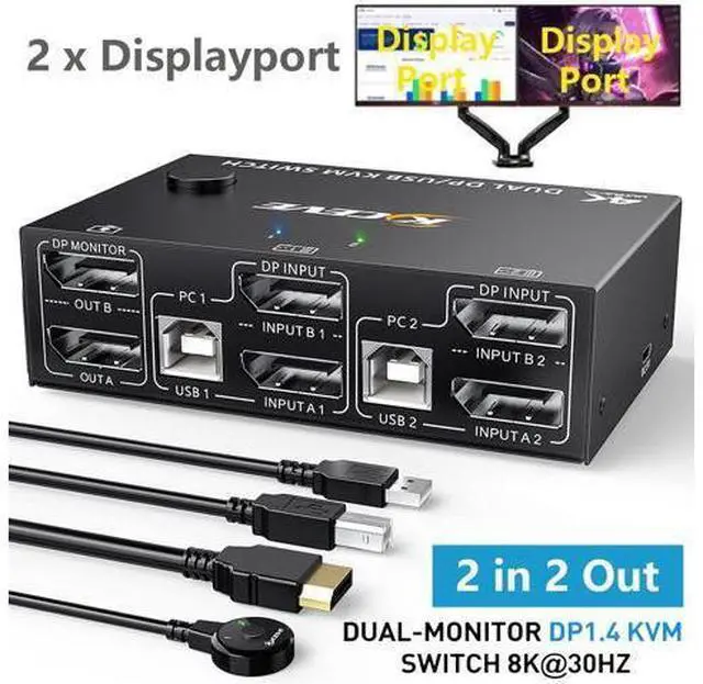 Main image of 2 Port Displayport KVM Switch Dual Monitor, 8K@30Hz DisplayPort1.4 KVM Switch 2 in 2 Out, DP Extended Display KVM Switch for 2 Computers Share 2 Monitors and 4 USB 2.0 Ports, Wired Remote and 4 Cables