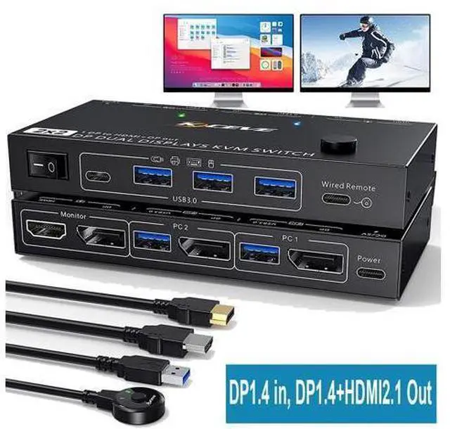 Main image of MST Displayport KVM Switch 2 Monitors 2 Computers 4K @144Hz, (1 DP in,DP+HDMI Out), Dual Monitor KVM Switch Displayport 1.4 with 4 USB 3.0 Port for USB Device, Wired Remote and 4 Cables Included