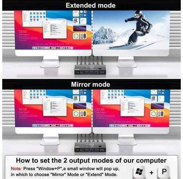 Alt view image 2 of 7 - MST Displayport KVM Switch 2 Monitors 2 Computers 4K @144Hz, (1 DP in,DP+HDMI Out), Dual Monitor KVM Switch Displayport 1.4 with 4 USB 3.0 Port for USB Device, Wired Remote and 4 Cables Included