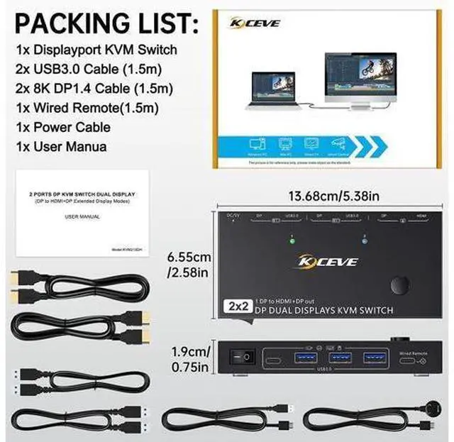 Alt view image 7 of 7 - MST Displayport KVM Switch 2 Monitors 2 Computers 4K @144Hz, (1 DP in,DP+HDMI Out), Dual Monitor KVM Switch Displayport 1.4 with 4 USB 3.0 Port for USB Device, Wired Remote and 4 Cables Included