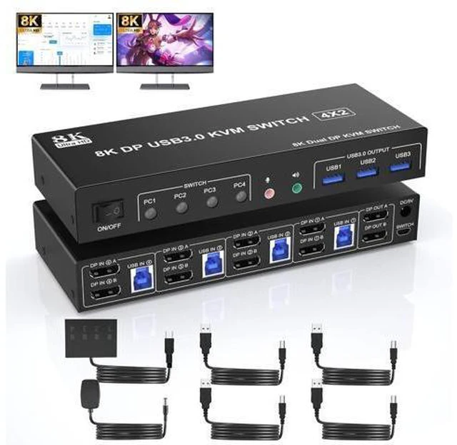 Main image of 8K@60Hz USB 3.0 Displayport KVM Switch 2 Monitors 4 Computers, Dual Monitor KVM Switch 4 in 2 Out with Audio Output and 3 USB 3.0 Ports, 4 Port Dual Monitor Displayport KVM Switch for 4 Computers