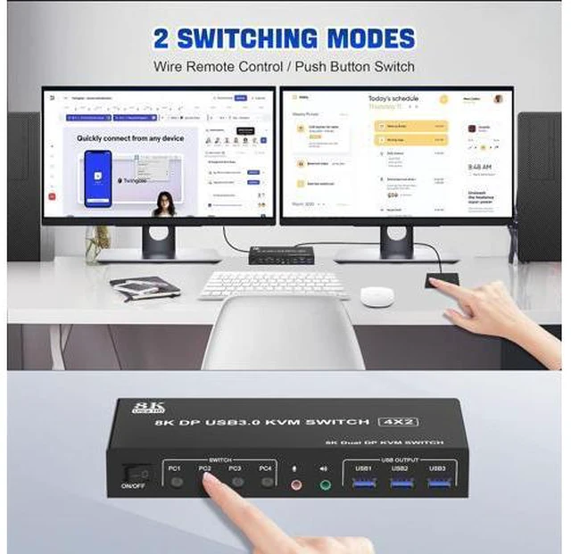 Alt view image 5 of 7 - 8K@60Hz USB 3.0 Displayport KVM Switch 2 Monitors 4 Computers, Dual Monitor KVM Switch 4 in 2 Out with Audio Output and 3 USB 3.0 Ports, 4 Port Dual Monitor Displayport KVM Switch for 4 Computers