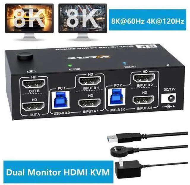 Main image of AUTYUE Dual Monitor USB 3.0 HDMI KVM Switch 8K@60Hz/4K@120Hz, 2 in 2 Out HDMI2.1 KVM Switch for 2 Computer Share 2 Monitors and 3 USB 3.0 + 1 USB C Devices, Wired Remote and USB Cables Included