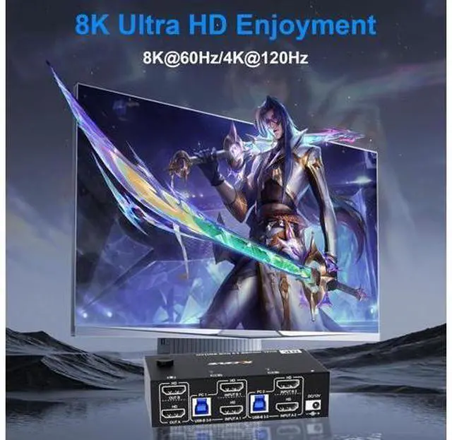 Alt view image 4 of 7 - AUTYUE Dual Monitor USB 3.0 HDMI KVM Switch 8K@60Hz/4K@120Hz, 2 in 2 Out HDMI2.1 KVM Switch for 2 Computer Share 2 Monitors and 3 USB 3.0 + 1 USB C Devices, Wired Remote and USB Cables Included