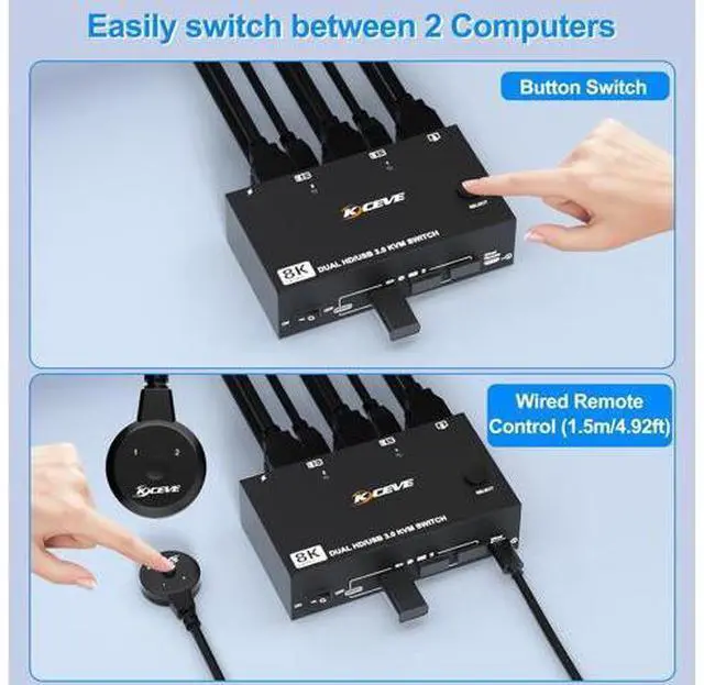 Alt view image 6 of 7 - AUTYUE Dual Monitor USB 3.0 HDMI KVM Switch 8K@60Hz/4K@120Hz, 2 in 2 Out HDMI2.1 KVM Switch for 2 Computer Share 2 Monitors and 3 USB 3.0 + 1 USB C Devices, Wired Remote and USB Cables Included