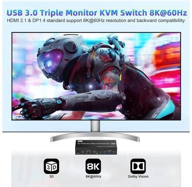 Alt view image 3 of 7 - AUTYUE 8K@60Hz KVM Switch 3 Monitors 4 Computers 4K@144Hz, 2 HDMI + 1 DisplayPort KVM Switch Triple Monitor for 4 Computer with Audio and 3 USB 3.0 Ports, 3 Monitor KVM Switch Keyboard Mouse Switcher