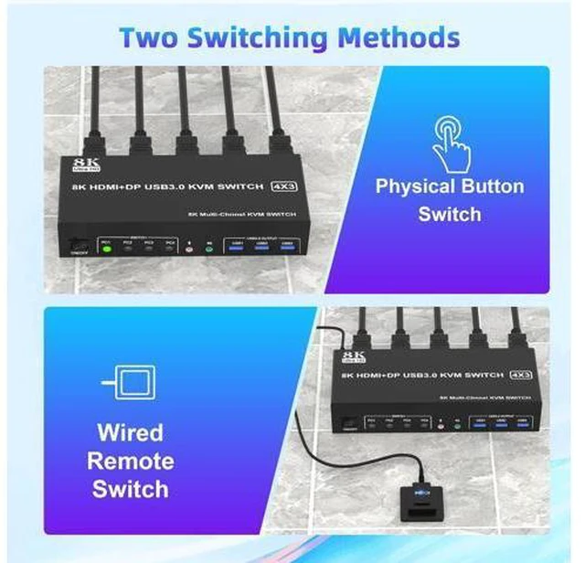 Alt view image 6 of 7 - AUTYUE 8K@60Hz KVM Switch 3 Monitors 4 Computers 4K@144Hz, 2 HDMI + 1 DisplayPort KVM Switch Triple Monitor for 4 Computer with Audio and 3 USB 3.0 Ports, 3 Monitor KVM Switch Keyboard Mouse Switcher