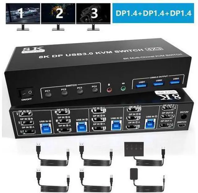 Main image of 8K@60Hz USB 3.0 Displayport KVM Switch 3 Monitors 4 Computer, DP1.4 Triple Monitor KVM Switch with Audio Microphone Output and 3 USB 3.0 Port, KVM Triple Monitor Keyboard Mouse Switcher for 4PCs