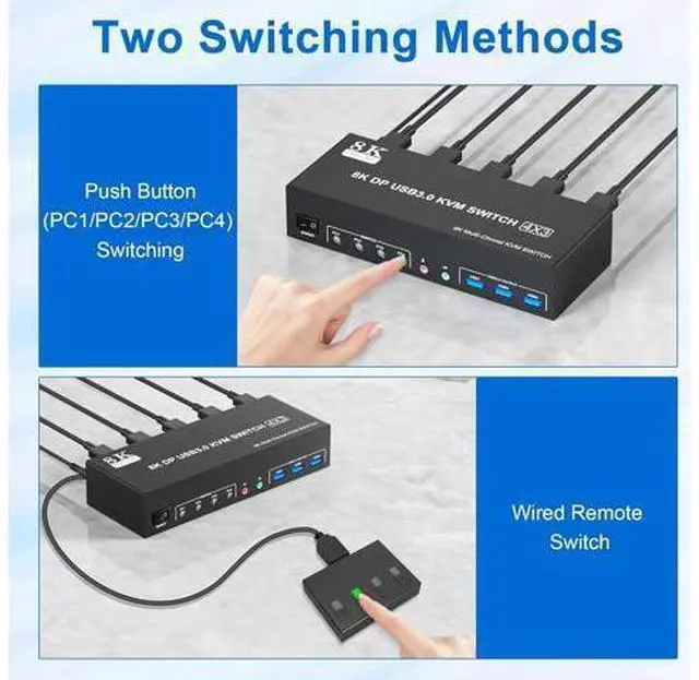 Alt view image 7 of 7 - 8K@60Hz USB 3.0 Displayport KVM Switch 3 Monitors 4 Computer, DP1.4 Triple Monitor KVM Switch with Audio Microphone Output and 3 USB 3.0 Port, KVM Triple Monitor Keyboard Mouse Switcher for 4PCs