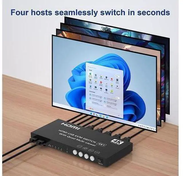 Alt view image 3 of 7 - HDMI KVM Switch 4 Ports 4K@30Hz, HDMI Multi-viewer 4x1 Switch for 4 Computers 1 Monitor, 4 in 1 Out HDMI Quad Seamless Switch, HDMI KVM Switcher with Hotkey Switch Button Switch and IR Remote