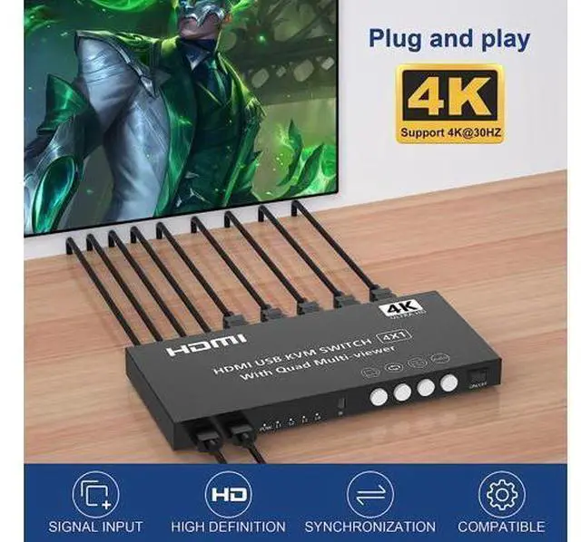 Alt view image 5 of 7 - HDMI KVM Switch 4 Ports 4K@30Hz, HDMI Multi-viewer 4x1 Switch for 4 Computers 1 Monitor, 4 in 1 Out HDMI Quad Seamless Switch, HDMI KVM Switcher with Hotkey Switch Button Switch and IR Remote